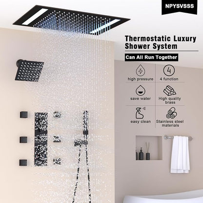 Thermostatic Shower System with 14x20 Inch Ceiling Mount LED Head & 6 Inch Wall Head and Handheld Shower 4 Function Vale with body jets, Oil Rubbed Bronz