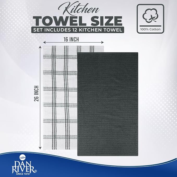 DAN RIVER Gray Kitchen Towels, 12 Pack, 16x26 Inches Absorbent Dish Towels | 100% Cotton Absorbent Soft cotton kitchen towels for drying dishes, Quick Dry, Dish Towels for kitchen,Tea and Bar towels set