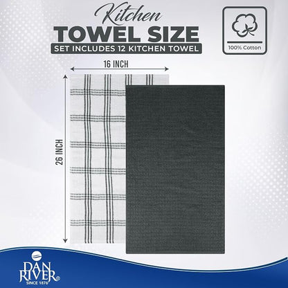 DAN RIVER Gray Kitchen Towels, 12 Pack, 16x26 Inches Absorbent Dish Towels | 100% Cotton Absorbent Soft cotton kitchen towels for drying dishes, Quick Dry, Dish Towels for kitchen,Tea and Bar towels set