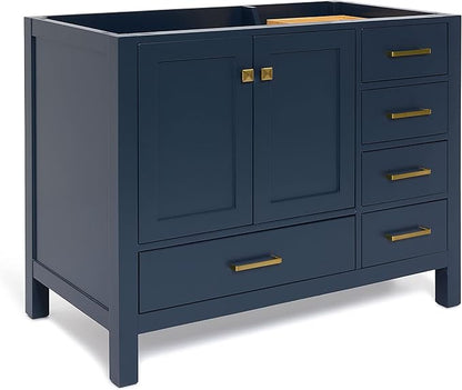 ARIEL Cambridge 42-inch Bathroom Vanity Base Cabinet,Solid Wood, 2 Soft Closing Doors, 5 Dovetail Drawers, Midnight Blue