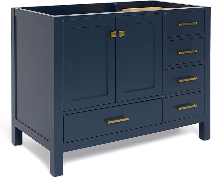 ARIEL Cambridge 42-inch Bathroom Vanity Base Cabinet,Solid Wood, 2 Soft Closing Doors, 5 Dovetail Drawers, Midnight Blue