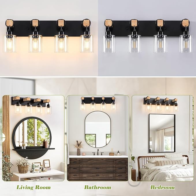 4-Lights Farmhouse Vanity Lights for Bathroom, Matte Black Bathroom Light Fixtures with Clear Glass Shade, Rustic Wood Wall Lighting Fixtures Over Mirror for Bedroom, Living Room, Hallway