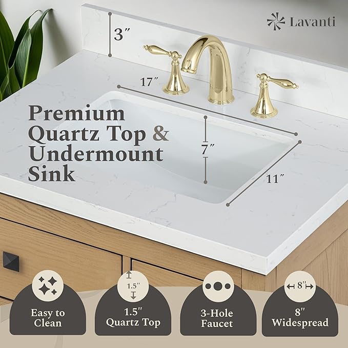 Lavanti Oakford 30 Inch Bathroom Vanity with Sink – Stylish Firwood Oak Vanity Bathroom with Storage Cabinet – Modern Bathroom Vanities with Single Vanity Sink & Quartz Countertop