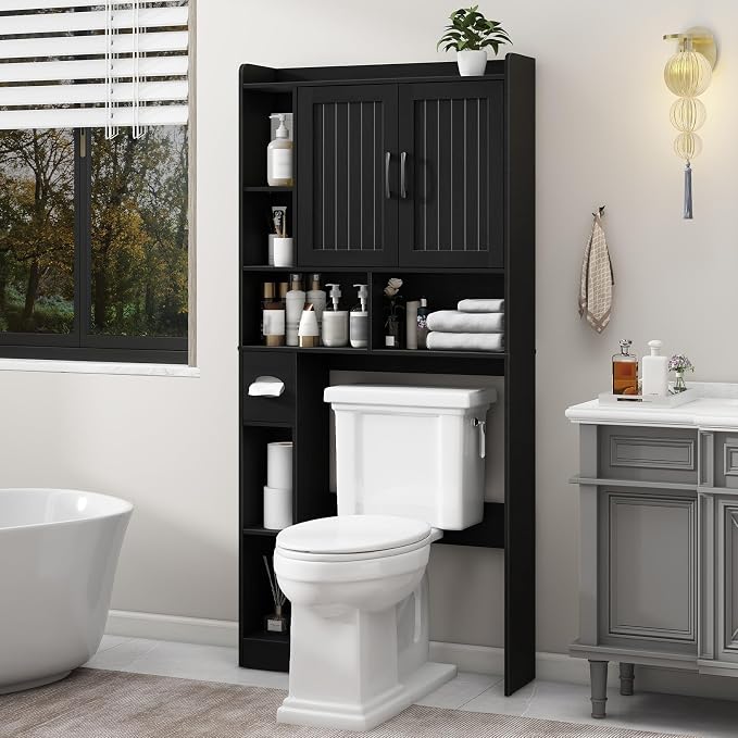 Vabches Farmhouse Over The Toilet Storage Cabinet with Barn Door, Black | Storage Cabinet Over Toilet, Home Space-Saving Toilet Rack, for Bathroom, Restroom, Laundry