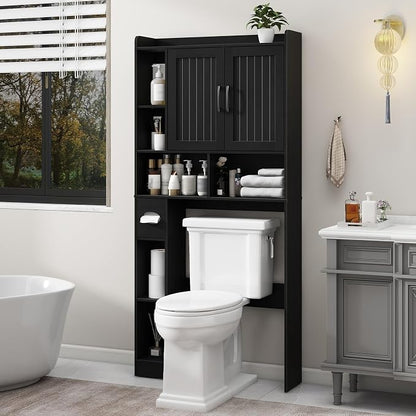 Vabches Farmhouse Over The Toilet Storage Cabinet with Barn Door, Black | Storage Cabinet Over Toilet, Home Space-Saving Toilet Rack, for Bathroom, Restroom, Laundry