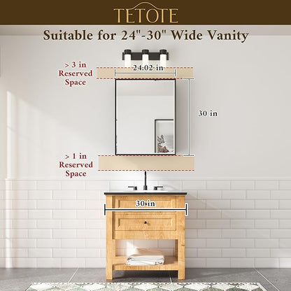 TETOTE Medicine Cabinet Mirror 24" x 30" Black Bathroom Mirrored Cabinets with Stepless Adjustable Shelves Beveled Aluminum Frame, Wall-Mounted or Recessed
