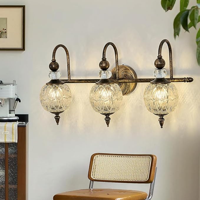 Vintage Bathroom Light Fixtures Bronze Vanity Light with Glass Globe LampShade 3 Lights Mid Century G9 Bulb Wall Sconce Indoor Vanity Light Over Mirror for Bedroom Farmhouse Hallway