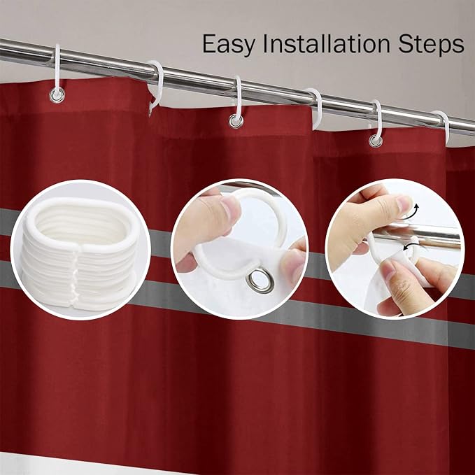 Shower Curtain, for Bathroom Decor 72 x 72 Inch, Striped Brick Red | Grey Crimson Waterproof Polyester Fabric Shower Curtains Set with Hooks