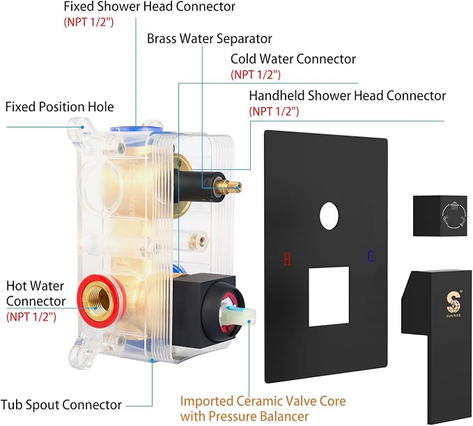 SR SUN RISE 16 Inch All Metal Square Shower System with Tub Spout, Tub Shower Faucet Set, High Pressure Rain Shower Head and Handheld Sprayer Shower Fixtues, Valve Included, Matte Black