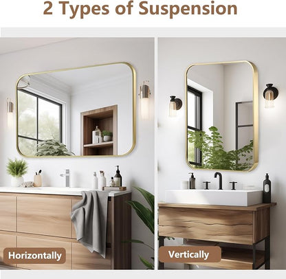 22x30 Inch Gold Bathroom Mirror, Brushed Brass Gold Metal Framed Rectangular Mirror with Rounded Corner, Bathroom Vanity Mirror for Bedroom or Living Room, Horizontal/Vertical