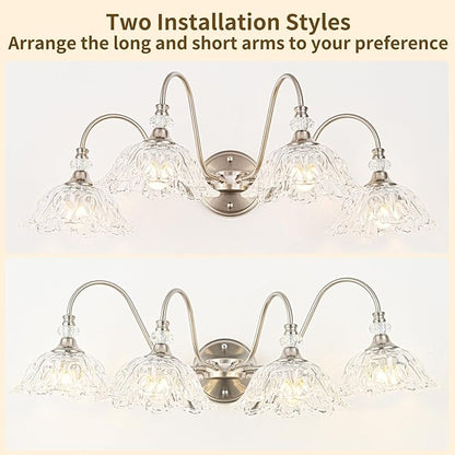 Brushed Nickel Bathroom Vanity Light, 4-Light Vanity Light with Floral Clear Glass Shades, Brushed Nickel Wall Mount Lighting for Bathroom, Dressing Table