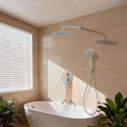 3 Functions Shower System，Modern Three-Setting 10-Inch Round Rain Shower Head and Faucet Set，Shower Faucet Set Complete Rough-in Valve and Trim Kit Included（Brushed Nickel）