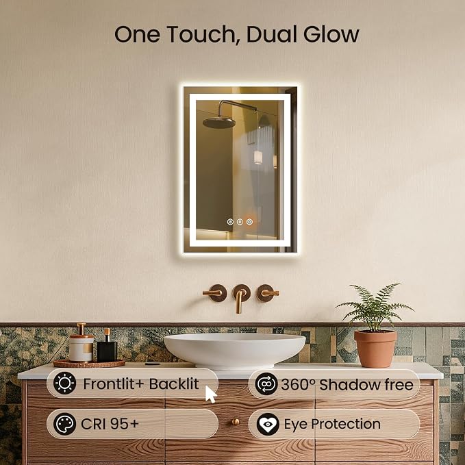 16x24 LED Bathroom Mirror with Anti-Fog, Backlit & Front Lit, Memory | Stepless Dimmable 3 Color CRI 95+ Shatterproof Tempered Glass ETL Listed for Safety Lighted Bathroom Vanity Mirror for Wall