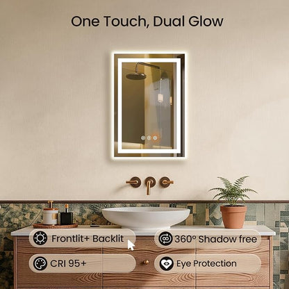 16x24 LED Bathroom Mirror with Anti-Fog, Backlit & Front Lit, Memory | Stepless Dimmable 3 Color CRI 95+ Shatterproof Tempered Glass ETL Listed for Safety Lighted Bathroom Vanity Mirror for Wall
