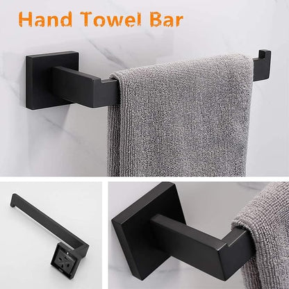 Rustproof 5-Piece Black Bathroom Hardware Set Including 24inch Towel Bar Toilet Paper Holder Towel Holder Robe Hook SUS304 Stainless Steel Wall Mount Contemporary Square Style Accessory,Matte Black