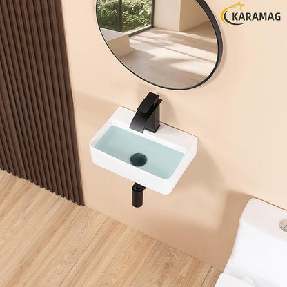 Small Vessel Sink 14"x10" Wall Mount Bathroom Sink Rectangular White Porcelain Ceramic Mini Floating Tiny Bathroom Wall Mounted RV Sink