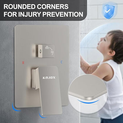 KOJOX Shower System with High Pressure 10 Inch Rainfall Shower Head, Handheld Shower head and Shower Faucet Trim valve, Bathroom Luxury Rain Mixer Shower Set Wall Mounted Brushed Nickel
