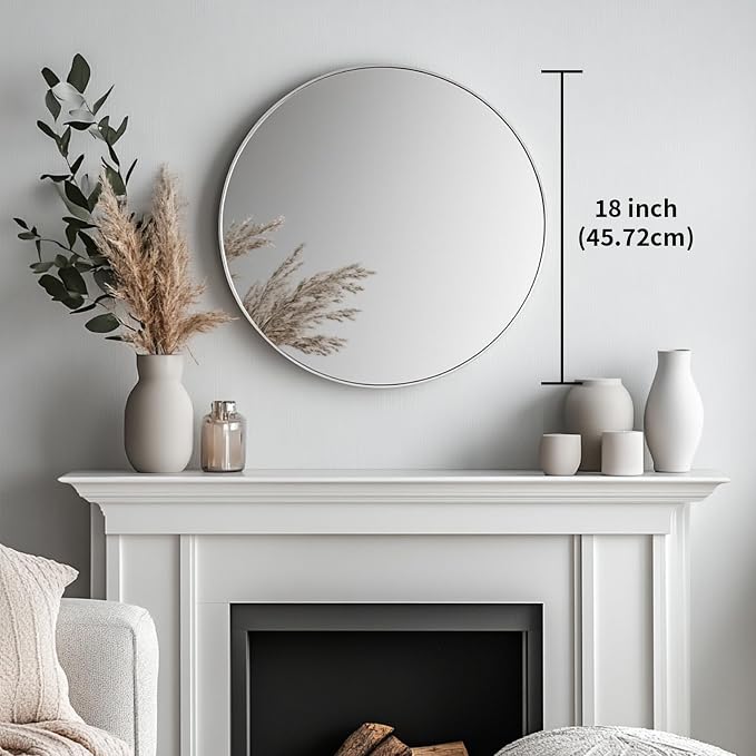 Small Round Mirror, 18 inch Silver Circle Mirror, Silver Metal Frame | High Definition, Waterproof, Rust-resistant, Circular Wall Mirrors for Bathroom, Bedroom, Vanity, Nursery, Kids, Wall Décor