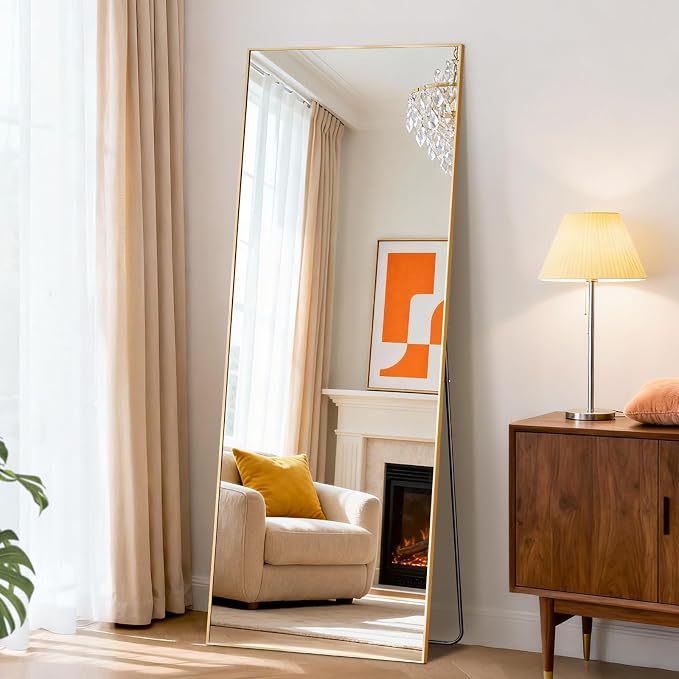NEWBULIG Full Length Floor Mirror 56"x15", Body Standing Mirror | Wall Hanging or Leaning, Shatter-Proof Glass, Aluminum Alloy Frame with Stand, Home Decor Bedroom, Gold