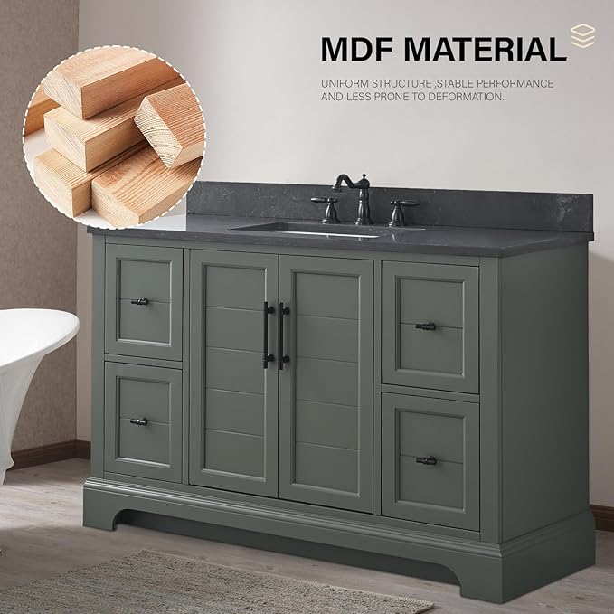 HOMEBEYOND 48 Inch Bathroom Vanity with Single Sink & Ceramic Top, Vanity Cabinet with Center Countertop Basin, Soft-Closing Doors, Backsplash, Vintage Green
