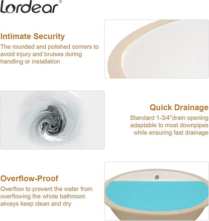 Lordear Undermount Bathroom Sink 18x15 Inch Oval Vessel Sink White Porcelain Ceramic Bathroom Vanity Sink Under Counter Lavatory Basin with Overflow Modern Art Basin