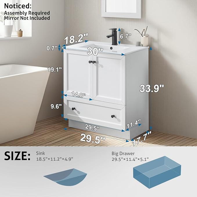 LUCKWIND 30" Farmhouse Bathroom Vanity with Sink Combo, Rustic Modern Bathroom Cabinet with Undermount Solid Surface Single Sink, Soft-Close Hinges & Water-Saving Faucet, White