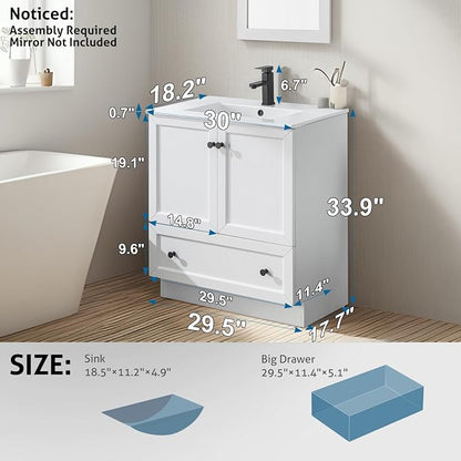 LUCKWIND 30" Farmhouse Bathroom Vanity with Sink Combo, Rustic Modern Bathroom Cabinet with Undermount Solid Surface Single Sink, Soft-Close Hinges & Water-Saving Faucet, White