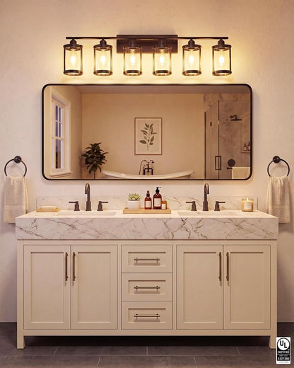6-Light Matte Black Bathroom Light Fixtures Over Mirror with Clear Glass and Metal Cage Shade, 42" UL-Listed Modern Farmhouse Wall Sconce for Bath, Hardwire E26, OS-3014BK-6W