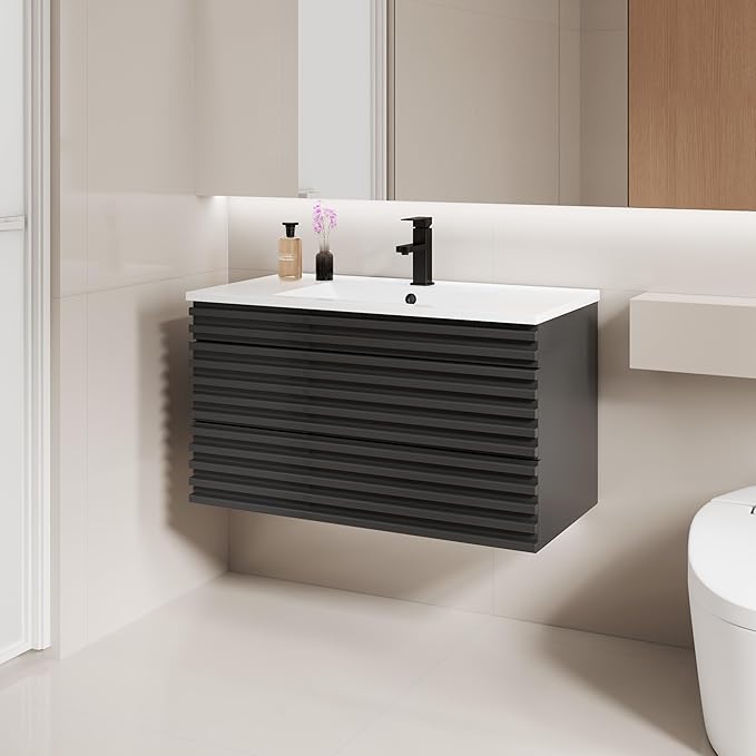 LUCKWIND 36" Floating Bathroom Vanity with Sink, Mid-Century Wall Mounted Big Drawer Cabinet with Large Sink, Water Saving Faucet and Wood Stripes Style, Black