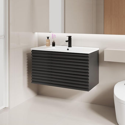 LUCKWIND 36" Floating Bathroom Vanity with Sink, Mid-Century Wall Mounted Big Drawer Cabinet with Large Sink, Water Saving Faucet and Wood Stripes Style, Black