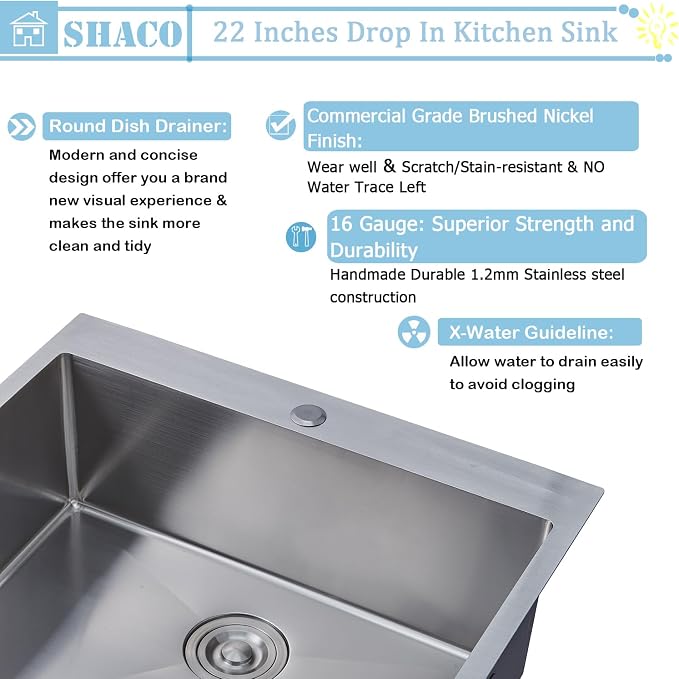 22x18 Inch Drop In Kitchen Sink, 22 Inch Topmount Outdoor Bar Sink, 16 Gauge Stainless Steel Single Bowl Brushed Nickel Small Kitchen Sink with Strainer Drain