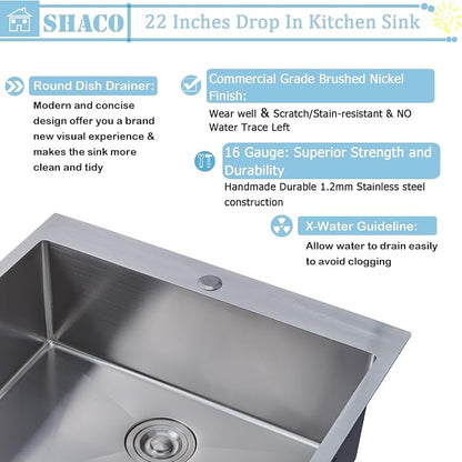 22x18 Inch Drop In Kitchen Sink, 22 Inch Topmount Outdoor Bar Sink, 16 Gauge Stainless Steel Single Bowl Brushed Nickel Small Kitchen Sink with Strainer Drain