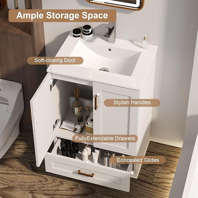 24 inch Bathroom Vanity with Sink, Modern White Vanity for Bathroom with Undermount Ceramic Sink, Freestanding 2-Door & 1-Drawer Storage Cabinet, for Small Bathroom Space, (White, 24")