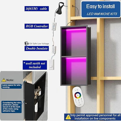 2-Tiers 12x24 Shower Niche, RGB LED Light Strips, Matte Black Wall Cabinet Shlef, Stainless Steel NO Tile Needed Recessed Wall Niche for Bathroom Storage Organizer