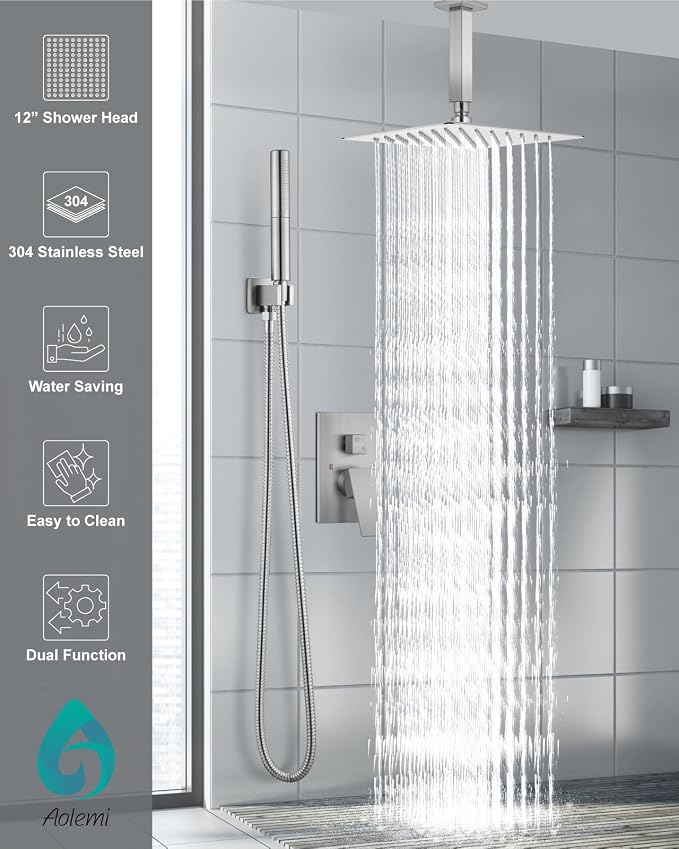 Aolemi Shower System with Rain Head and Handheld,12-Inch,Brushed Nickel | High-Pressure Shower Faucet Set with Dual-Function Handheld,Rough-In Valve,1.8 GPM,Ceiling Mount Trim Kit