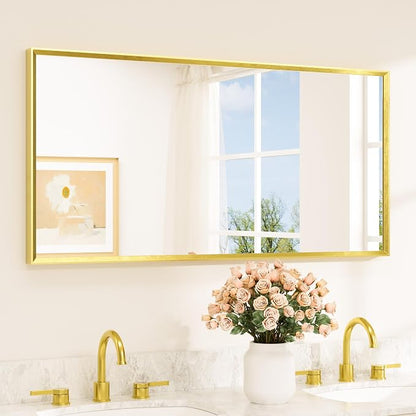 Brushed Gold Frame Mirror for Bathroom Wall 48" x 24" Brushed Brass Beveled Rectangle Bathroom Vanity Mirror for Over Sink, Bedroom, Entryway, Living Room, Tempered Glass, Stronger Frame