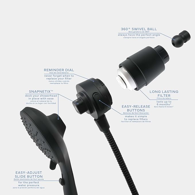 SEVENTY 5-Setting Magnetic Handheld Shower Head with Shower Filter and 59 Inch Hose in Matte Black – Helps Reduce Chlorine and Impurities for Healthier Hair, Skin and Scalp, Easy to Install (12160)