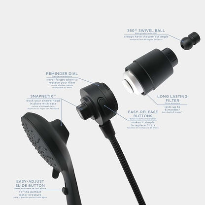 SEVENTY 5-Setting Magnetic Handheld Shower Head with Shower Filter and 59 Inch Hose in Matte Black – Helps Reduce Chlorine and Impurities for Healthier Hair, Skin and Scalp, Easy to Install (12160)