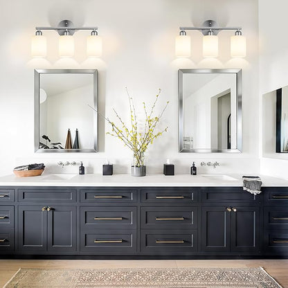 3-Light Bathroom Vanity Light Fixtures, Modern Wall Lamp for Mirror with Clear Opal Glass Shade, Silver Finish