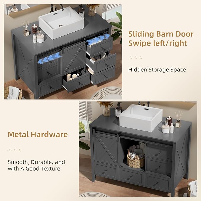VNN Bathroom Vanity with Sink - 48 Inch Bathroom Vanity with Sink Ceramic, Freestanding Cabinet with Farmhouse Sliding Barn Door and 7 Drawers, Space-Saving Storage Cabinet, Grey