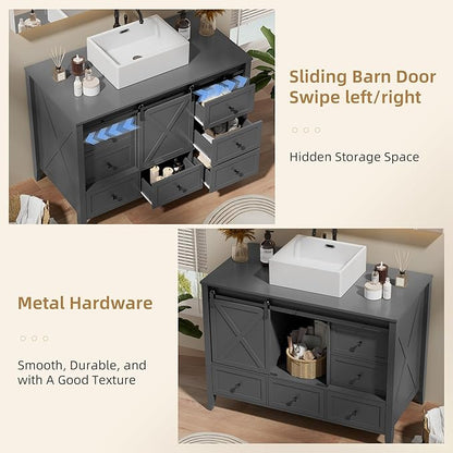 VNN Bathroom Vanity with Sink - 48 Inch Bathroom Vanity with Sink Ceramic, Freestanding Cabinet with Farmhouse Sliding Barn Door and 7 Drawers, Space-Saving Storage Cabinet, Grey