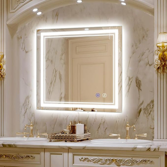 SaniteModar Bathroom Mirror with Lights 36x36 in, Led Mirror for Bathroom, Led Bathroom Mirror, 3 Color Dimmable, Anti Fog, Touch Button, CRI90+, Horizontal/Vertical