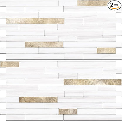 STICKGOO 2 Sheets Peel and Stick Backsplash Tile, Stick on Backsplash for Kitchen and Bathroom, Dolomite White Marble Look PVC Mixed Metal Gold Self Adhesive Wall Tiles