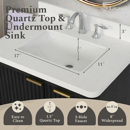 Lavanti Wooderna 30 Inch Bathroom Vanity with Sink – Stylish Firewood Black Vanity Bathroom with Storage Cabinet – Modern Bathroom Vanities with Single Vanity Sink & Quartz Countertop