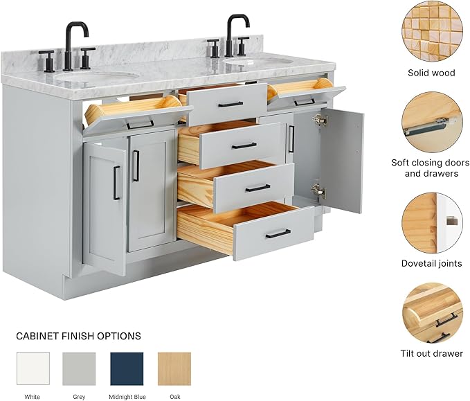 ARIEL Hepburn 66-inch Bathroom Vanity with Sink,Solid Wood, 1.5-inch Italian Carrara Marble Countertop & Backsplash, Double Oval Porcelain Sink, 4 Soft Closing Doors, 6 Dovetail Drawers, Grey