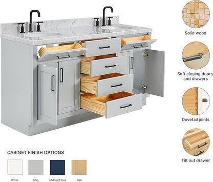 ARIEL Hepburn 66-inch Bathroom Vanity with Sink,Solid Wood, 1.5-inch Italian Carrara Marble Countertop & Backsplash, Double Oval Porcelain Sink, 4 Soft Closing Doors, 6 Dovetail Drawers, Grey