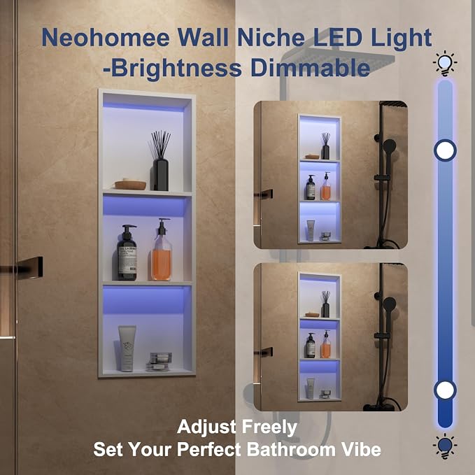 3-Tier 12x36Inch Wall Niche with RGB Lights, White Recessed Stainless Steel Shower Niche with RGB Colorful Remote Control, NO Tile Needed Bathroom Storage Organizer Waterproof