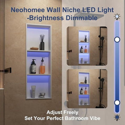 3-Tier 12x36Inch Wall Niche with RGB Lights, White Recessed Stainless Steel Shower Niche with RGB Colorful Remote Control, NO Tile Needed Bathroom Storage Organizer Waterproof
