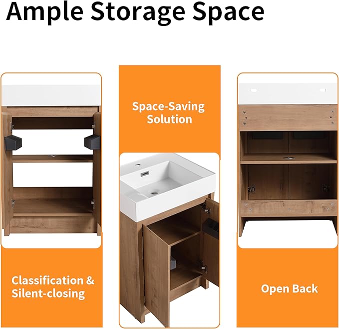 24'' Freestanding Bathroom Vanity, 24 Inch Floor Stand Bathroom Vanity with Sink, Single Resin Sink Cabinet Set, Modern Storage Cabinet, with Soft Closing Door, 03624IMO+24120MMO
