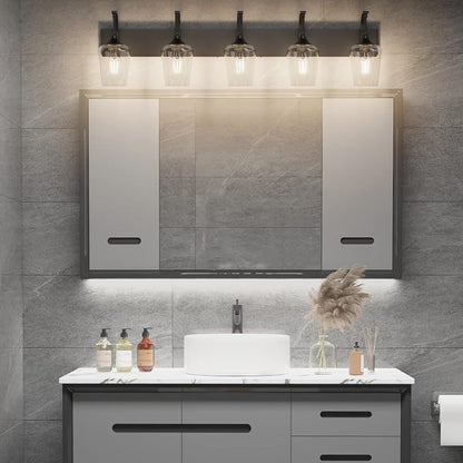 Ralbay Matte Black Bathroom Light Fixtures 5-Lights Industrial Black Vanity Lights Clear Glass Vintage Edison Matte Black Wall Mount Light Fixture for Bathroom